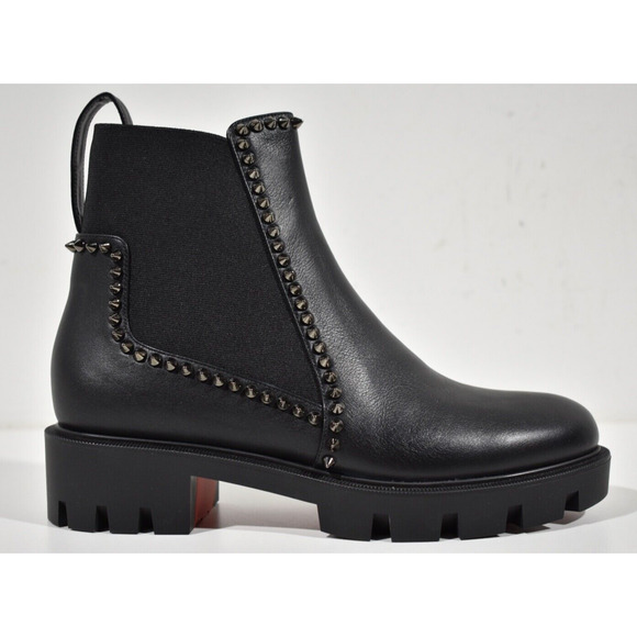 Christian Louboutin Out Lina Spike Lug Flat Black Calf Chelsea Ankle Boot 40.5 - Picture 2 of 12